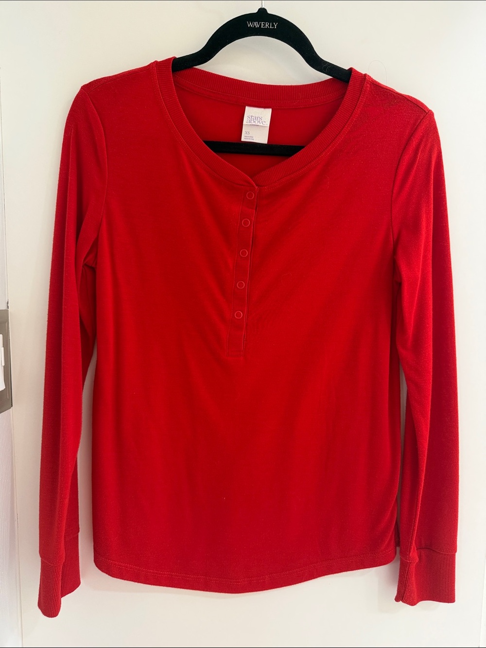 stars above Red Long-Sleeve Henley Top